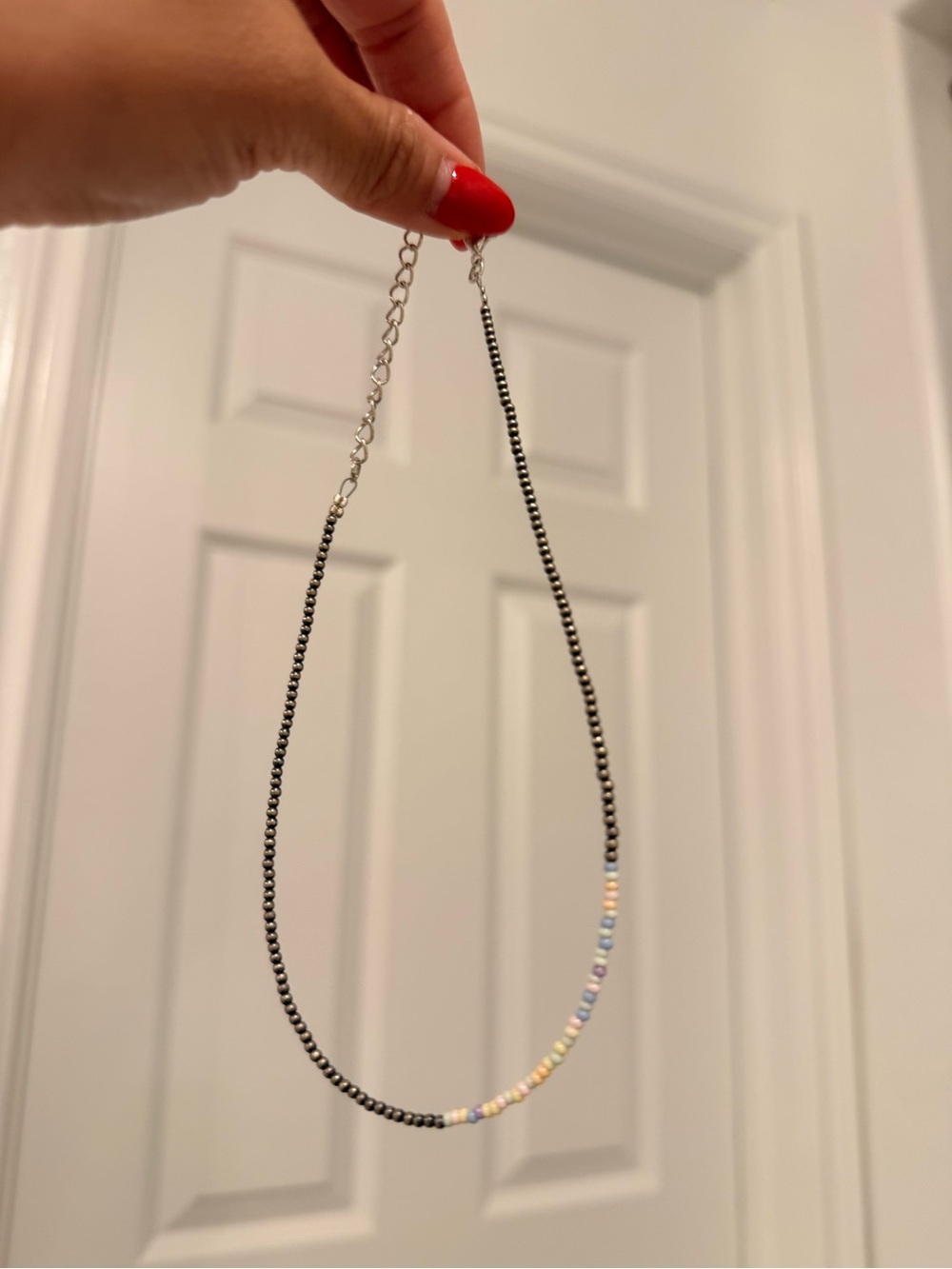 Navajo Style Sterling Silver Beaded Choker Necklace w/ Pastel Multicolor Accent - Picture 4 of 4